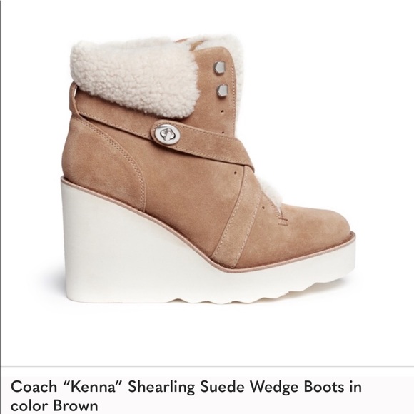 Coach Shoes | Coach Kenna Shearling Suede Wedge Boots in Color Brown | Color: Brown/Tan | Size: 8 | Mikaylaqs's Closet